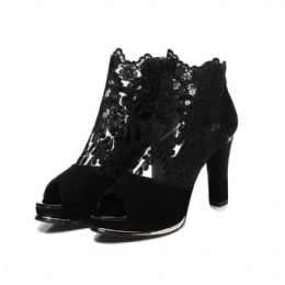 Dame Black Mesh Lace Peep Toe Pumps Med Høy Hæl