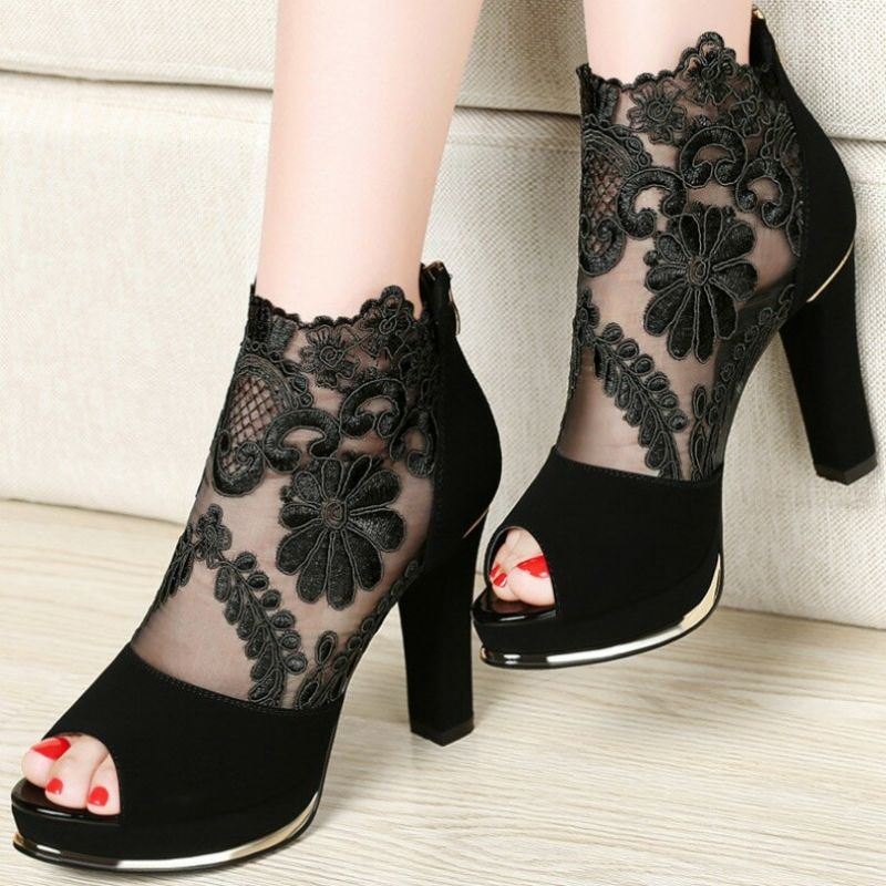 Dame Black Mesh Lace Peep Toe Pumps Med Høy Hæl