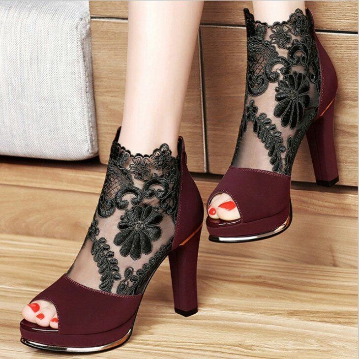 Dame Black Mesh Lace Peep Toe Pumps Med Høy Hæl