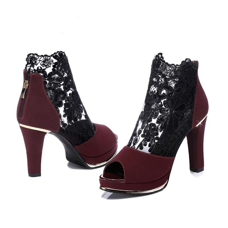 Dame Black Mesh Lace Peep Toe Pumps Med Høy Hæl