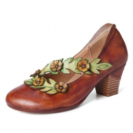 Dame Blomsterdekorasjon Ekte Skinn Slip On Spring Pumps