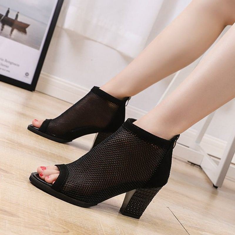 Dame Casual Mesh Pustende Chunky Heel Hollow Out Peep-toe Pumps Sko