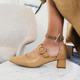 Dame Elegant Spiss Tå Ensfarget Ankelspenne Slip On Chunky Heel Pumps