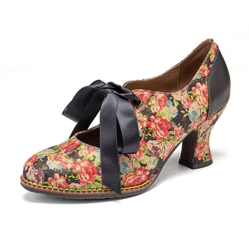 Dame Elegante Grasiøse Små Blomster Trykt Behagelig Bærbar Snøring Stitching Chunky Heel Pumps