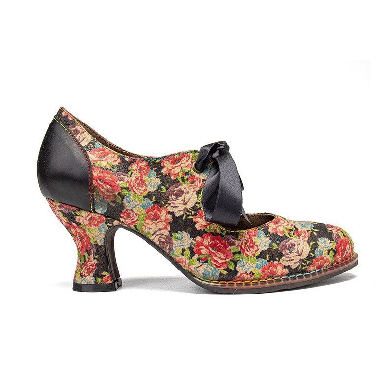 Dame Elegante Grasiøse Små Blomster Trykt Behagelig Bærbar Snøring Stitching Chunky Heel Pumps