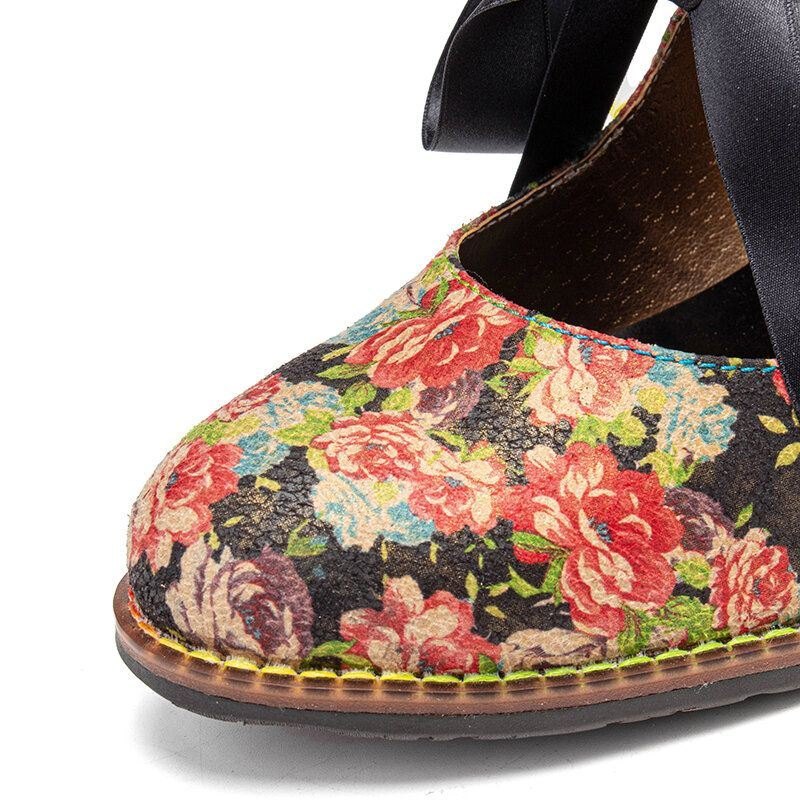 Dame Elegante Grasiøse Små Blomster Trykt Behagelig Bærbar Snøring Stitching Chunky Heel Pumps