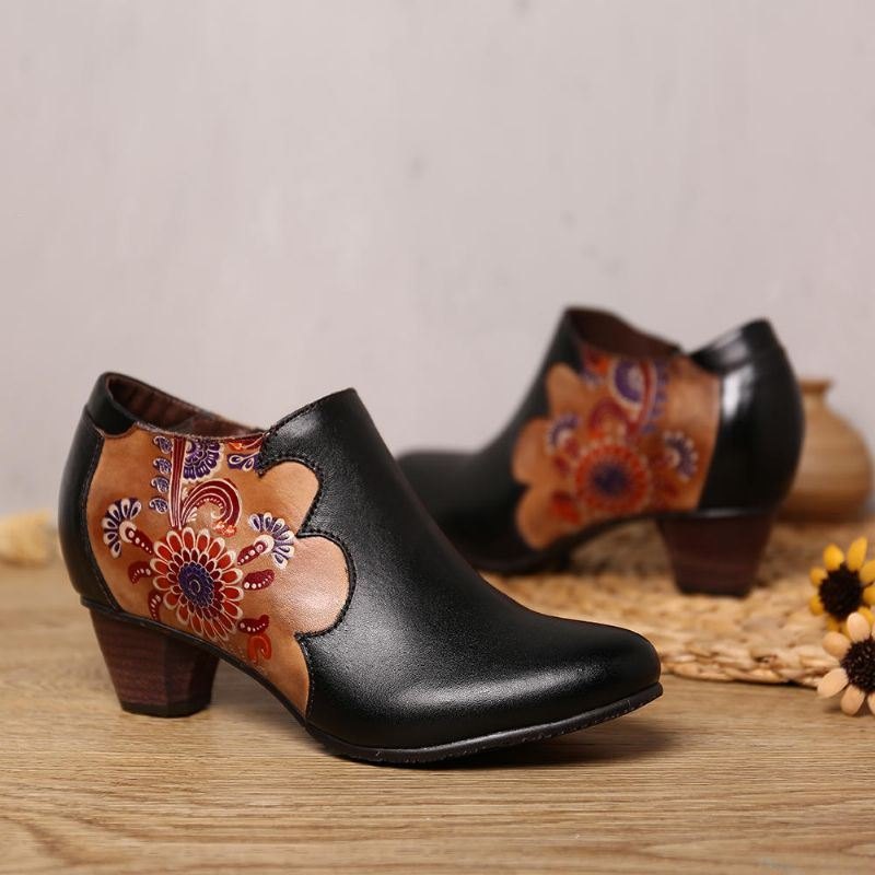 Dame Håndmalte Blomster Stitching Lær Glidelås Pumps