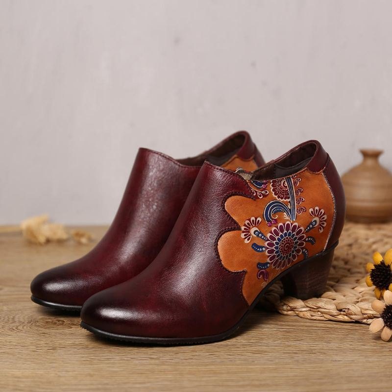 Dame Håndmalte Blomster Stitching Lær Glidelås Pumps