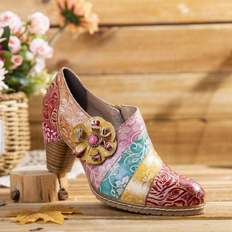 Dame Retro Floral Skinn Skjøte Glidelås Chunky Heel Pumps Dress Sko