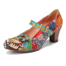 Elegant Blomsterdekor For Dame Med Trykt Søm Floral Stoff Krokløkke Sklisikker Mary Jane Chunky Heel Pumps