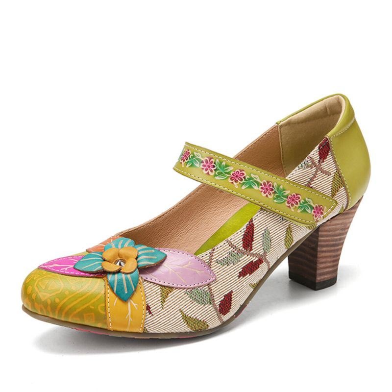 Elegante Blomster For Dame Dekor Løvstoffsøm Trykket Kuskinn Skinn Comfy Mary Jane Pumps