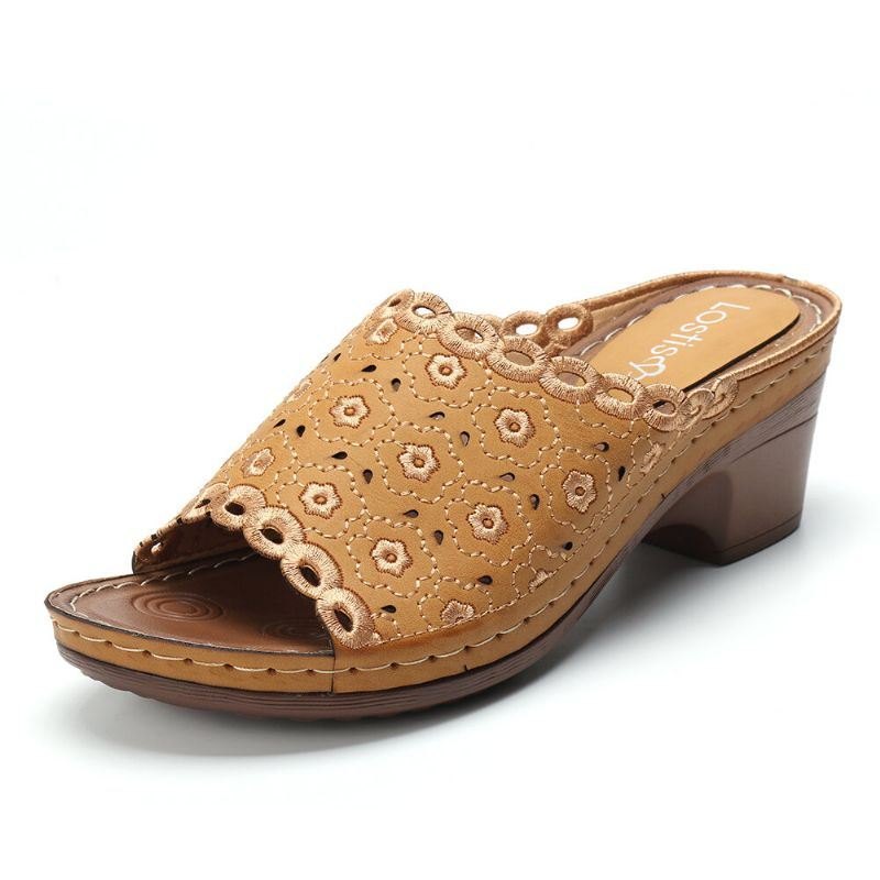 Blomsterbroderte Chunky Hæl Peep Toe Sandaler For Kvinner