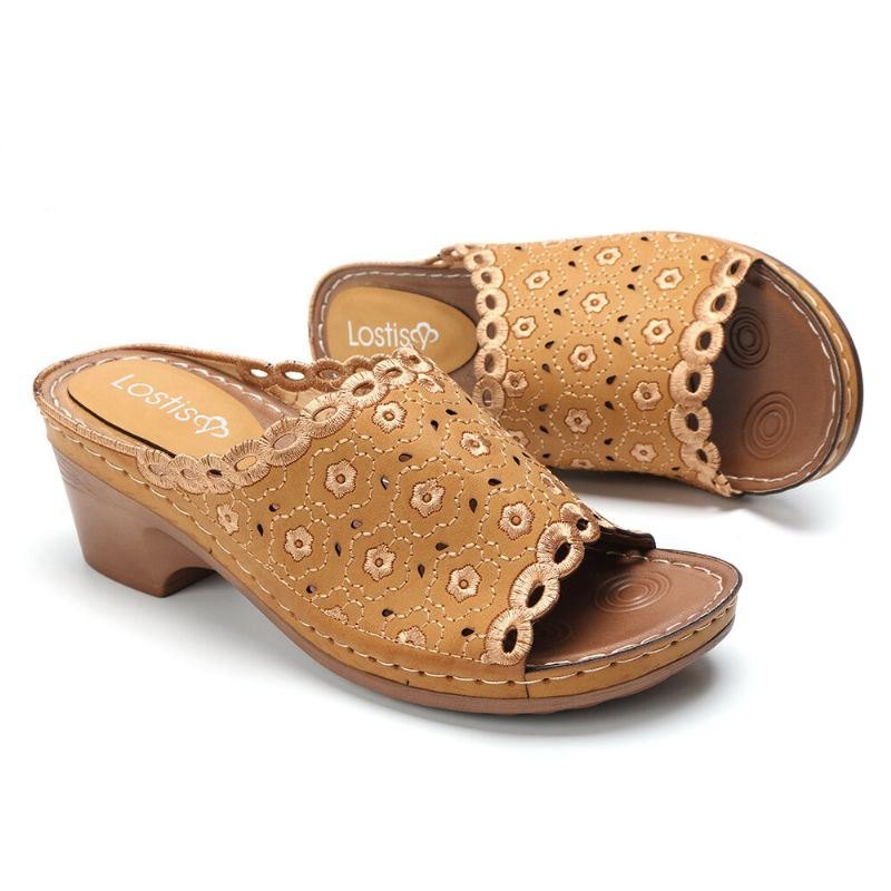 Blomsterbroderte Chunky Hæl Peep Toe Sandaler For Kvinner