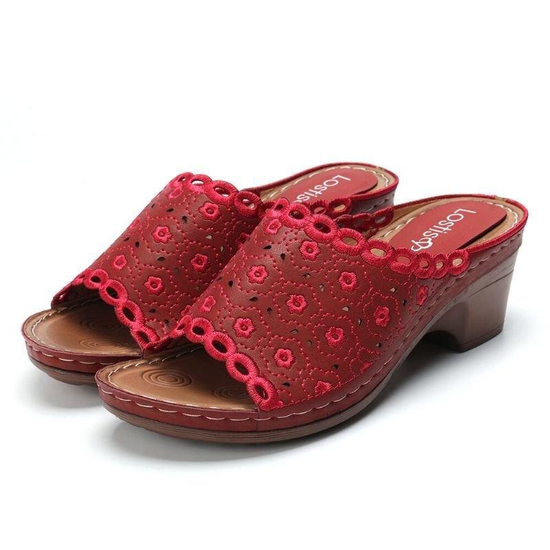 Blomsterbroderte Chunky Hæl Peep Toe Sandaler For Kvinner