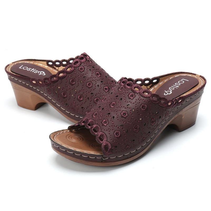 Blomsterbroderte Chunky Hæl Peep Toe Sandaler For Kvinner