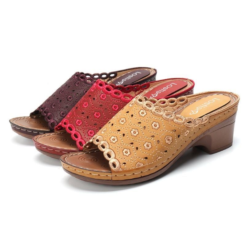 Blomsterbroderte Chunky Hæl Peep Toe Sandaler For Kvinner