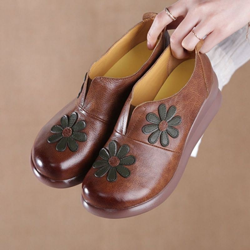 Dame Retro Blomster Utsmykket Ekte Skinn Myk Comfy Wedges Sko