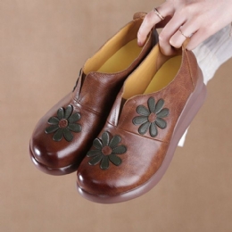 Dame Retro Blomster Utsmykket Ekte Skinn Myk Comfy Wedges Sko