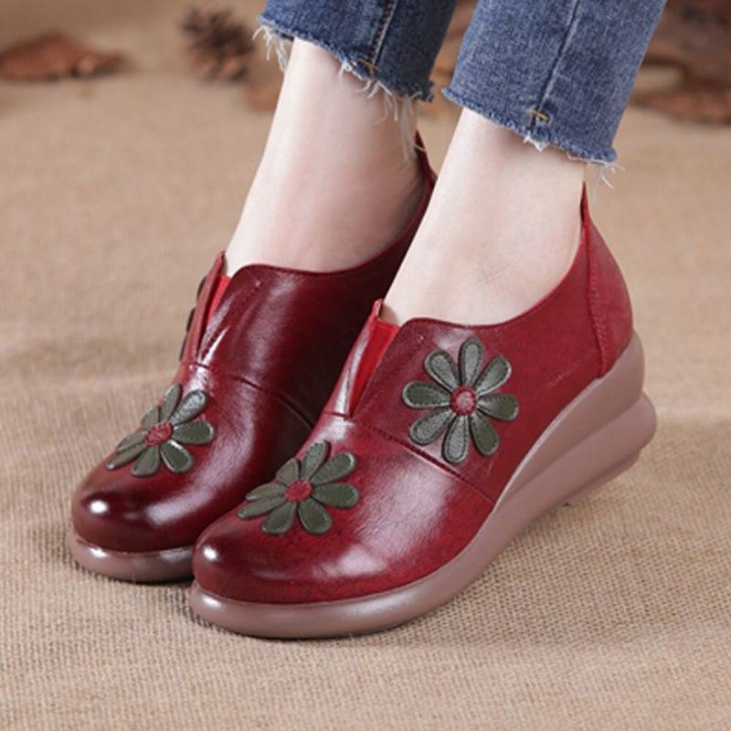 Dame Retro Blomster Utsmykket Ekte Skinn Myk Comfy Wedges Sko