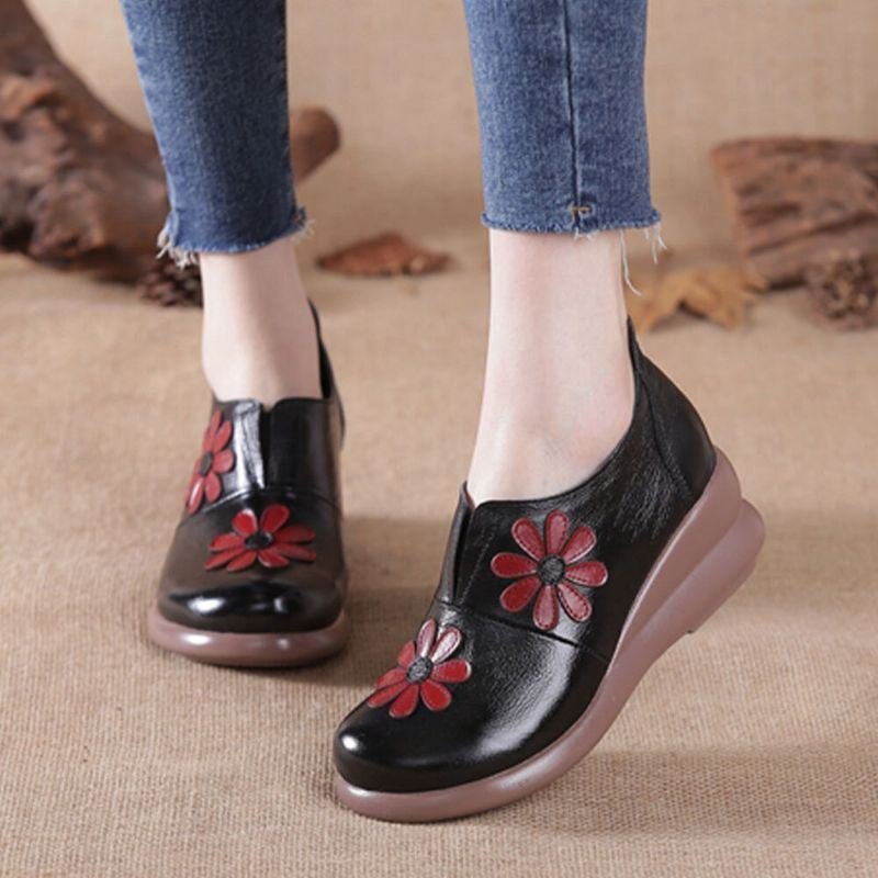 Dame Retro Blomster Utsmykket Ekte Skinn Myk Comfy Wedges Sko