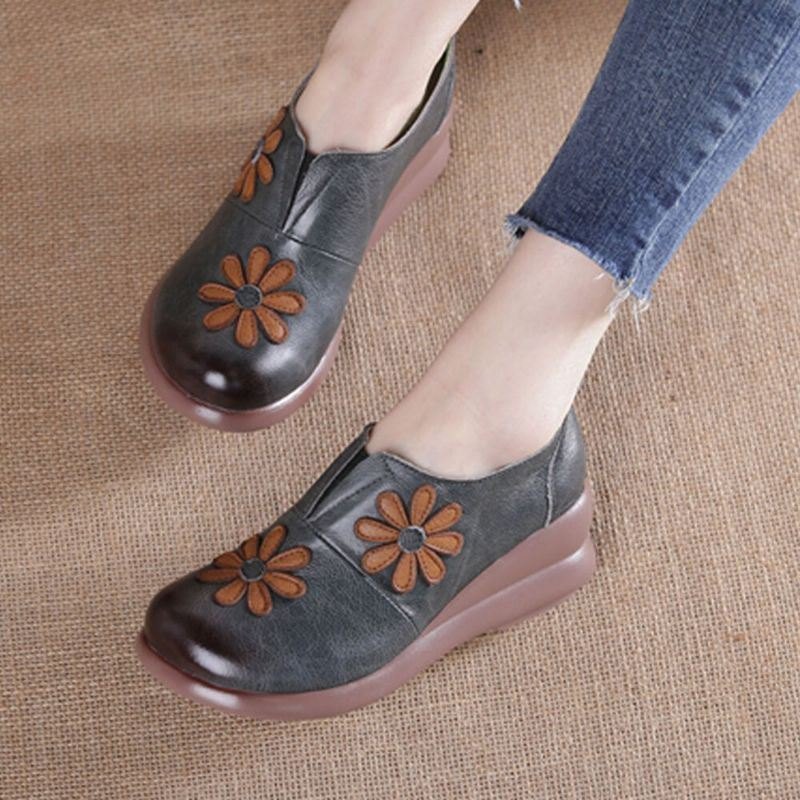 Dame Retro Blomster Utsmykket Ekte Skinn Myk Comfy Wedges Sko