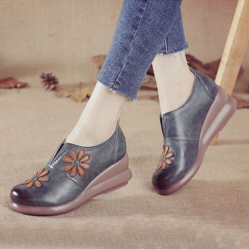 Dame Retro Blomster Utsmykket Ekte Skinn Myk Comfy Wedges Sko