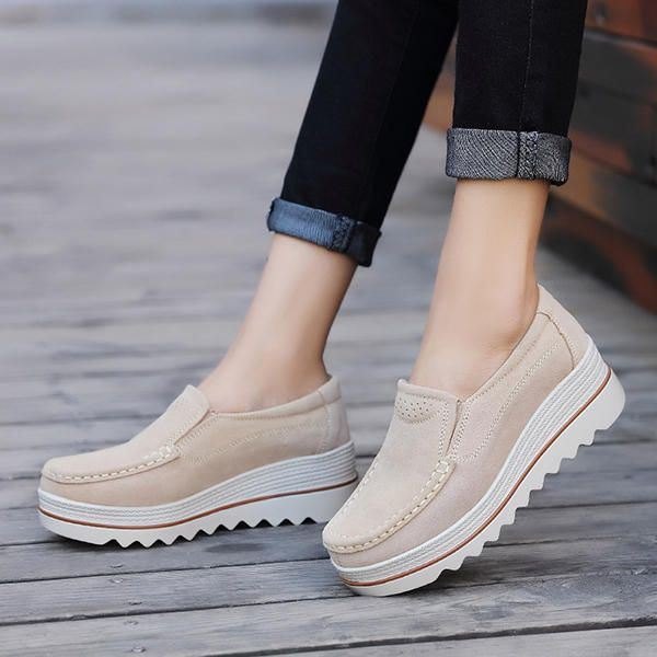 Dame Semsket Skinn Pustende Slip On Platforms Fritidssko