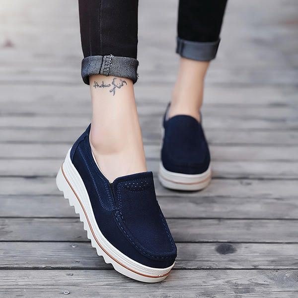 Dame Semsket Skinn Pustende Slip On Platforms Fritidssko