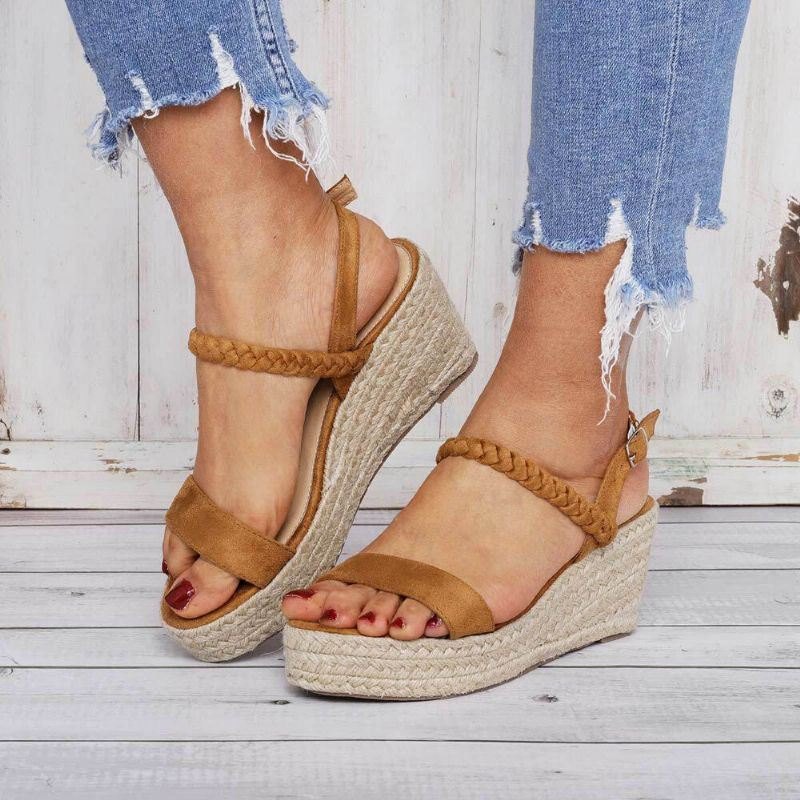 Dame Straw Braided Open Toe Spenne Wedges Sandaler