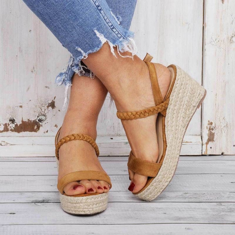 Dame Straw Braided Open Toe Spenne Wedges Sandaler