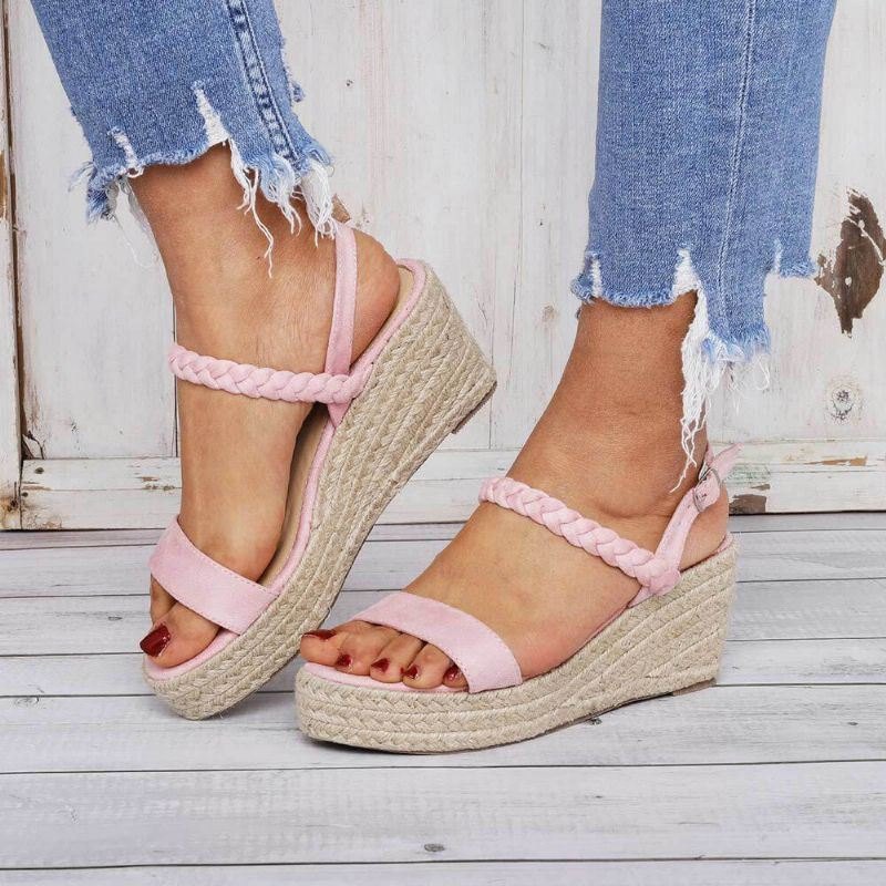 Dame Straw Braided Open Toe Spenne Wedges Sandaler