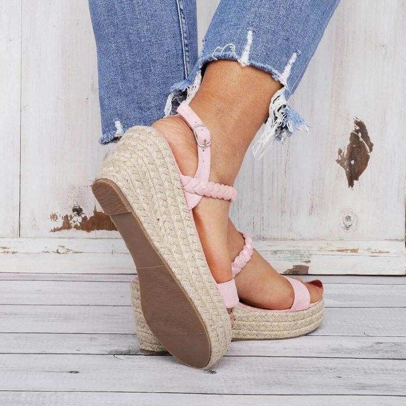 Dame Straw Braided Open Toe Spenne Wedges Sandaler