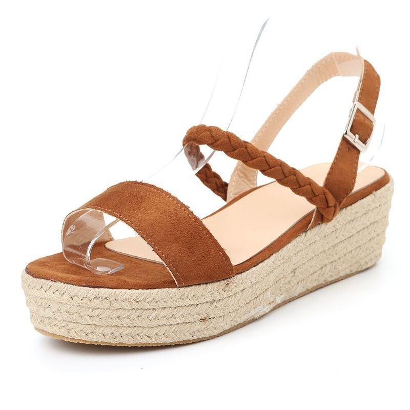 Dame Straw Braided Open Toe Spenne Wedges Sandaler