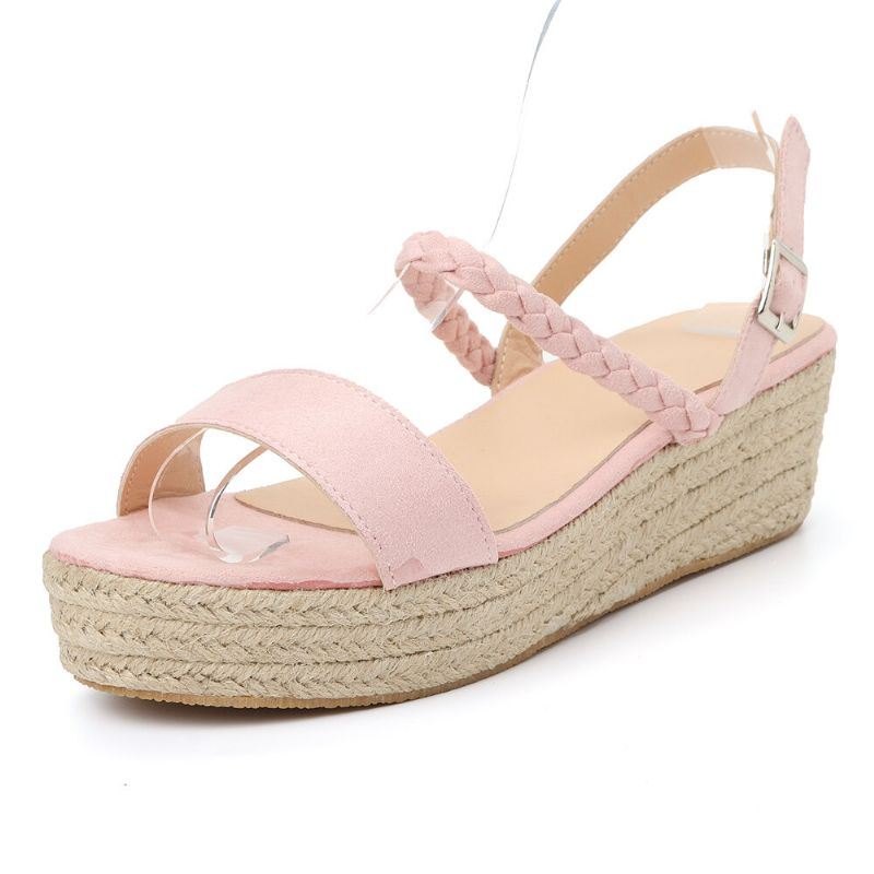 Dame Straw Braided Open Toe Spenne Wedges Sandaler