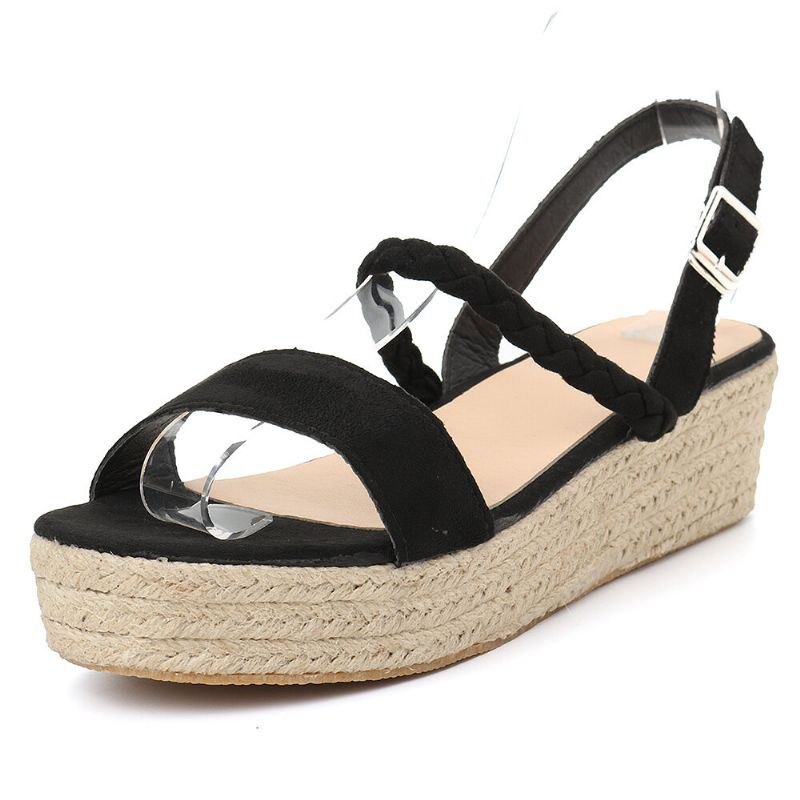 Dame Straw Braided Open Toe Spenne Wedges Sandaler