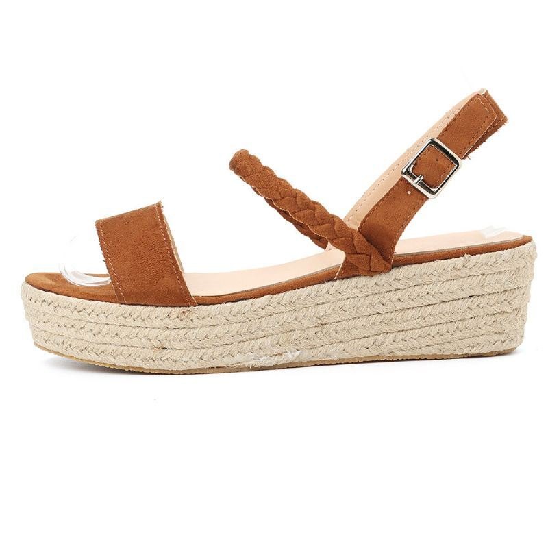 Dame Straw Braided Open Toe Spenne Wedges Sandaler