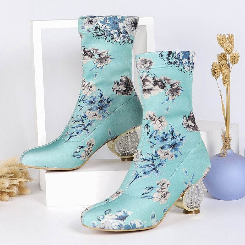 Dame Behagelig Stilig Broderte Blomster Klut Elastisk Slip On Chunky Heel Short Boots