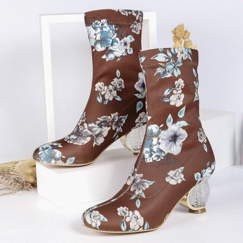 Dame Behagelig Stilig Broderte Blomster Klut Elastisk Slip On Chunky Heel Short Boots