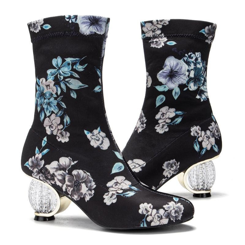 Dame Behagelig Stilig Broderte Blomster Klut Elastisk Slip On Chunky Heel Short Boots