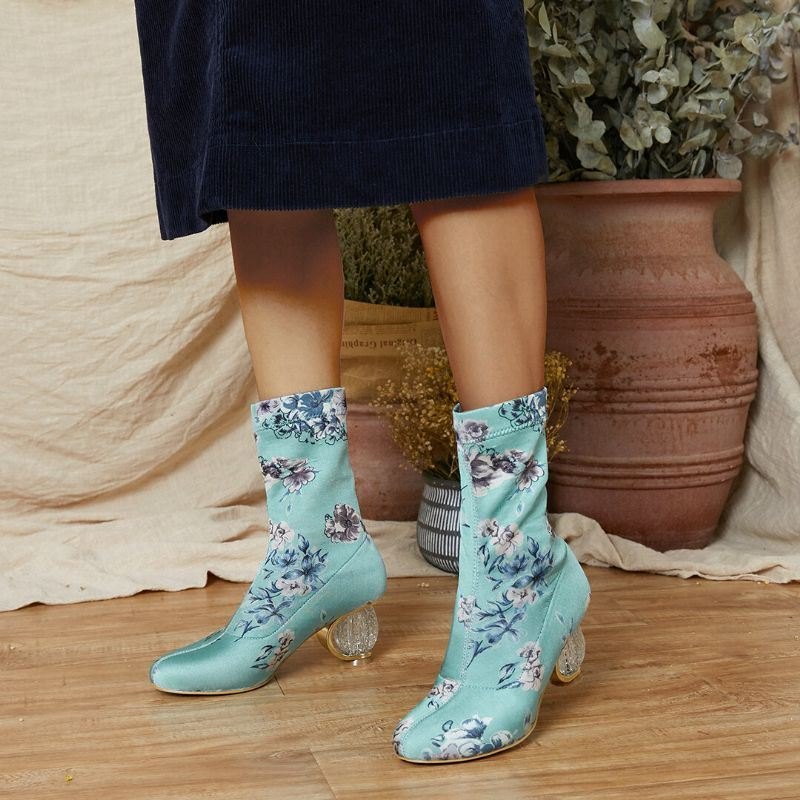 Dame Behagelig Stilig Broderte Blomster Klut Elastisk Slip On Chunky Heel Short Boots