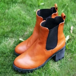 Dame Casual Slip On Rund Toe Platform Chunky Hæl Ankelstøvler