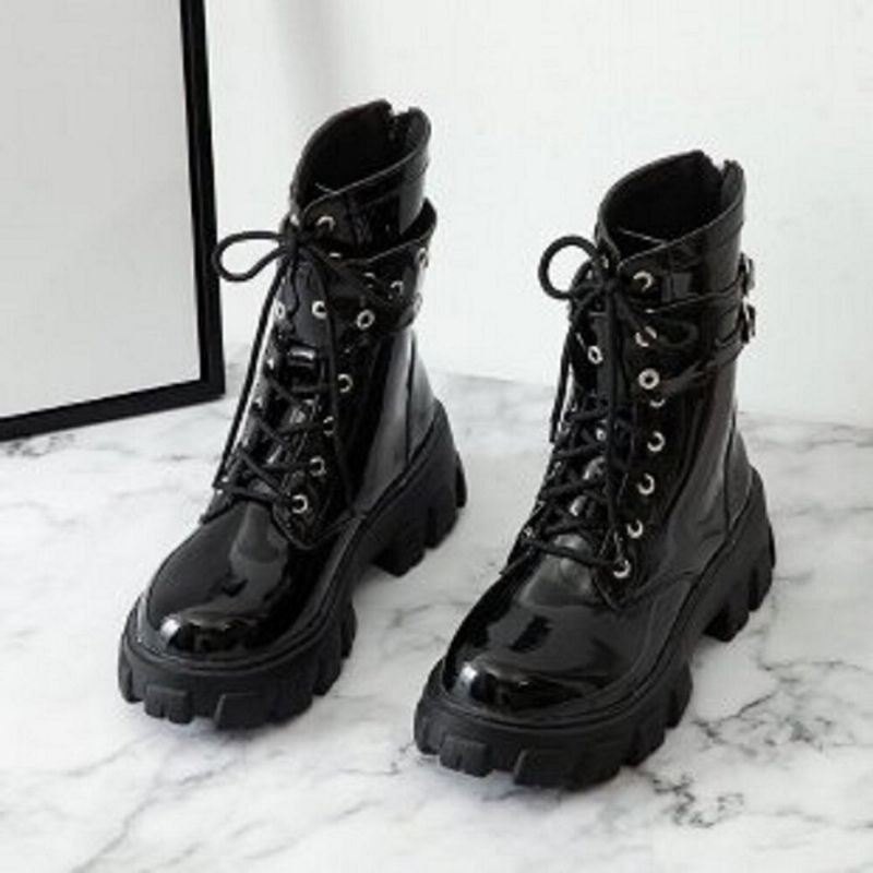 Dame Casual Spenne Dekor Snøring Tykk Såle Combat Boots