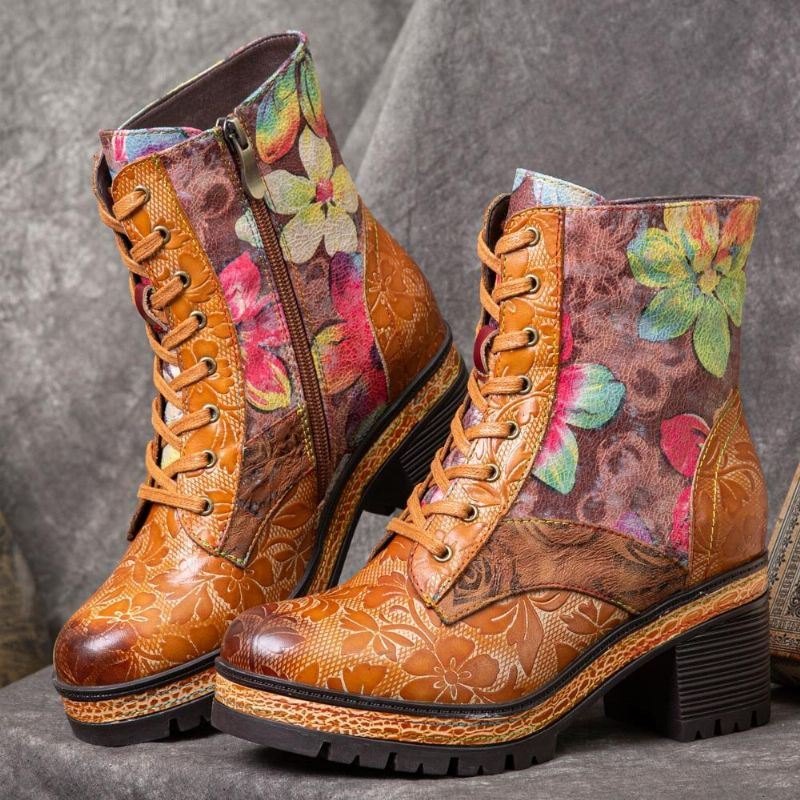 Dame Ekte Skinn Fargede Blomster Mønster Rundt Hode Midt Tube Boots