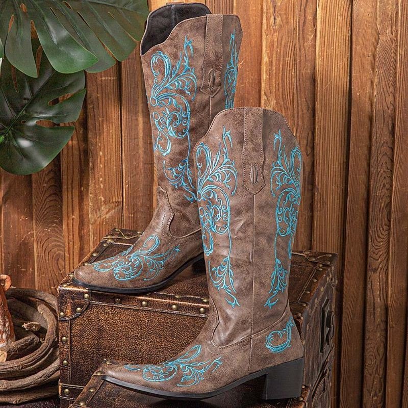 Dame Floral Retro Brodery Lær V-cut Spiss-tå Chunky Heel Mid-calf Knight Boots