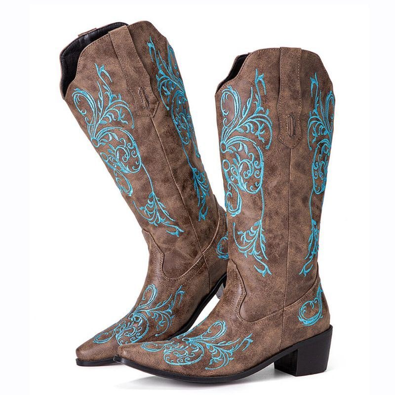 Dame Floral Retro Brodery Lær V-cut Spiss-tå Chunky Heel Mid-calf Knight Boots