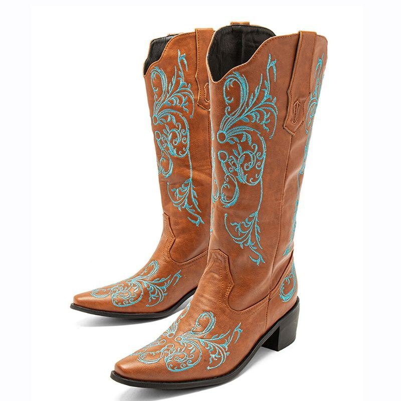 Dame Floral Retro Brodery Lær V-cut Spiss-tå Chunky Heel Mid-calf Knight Boots