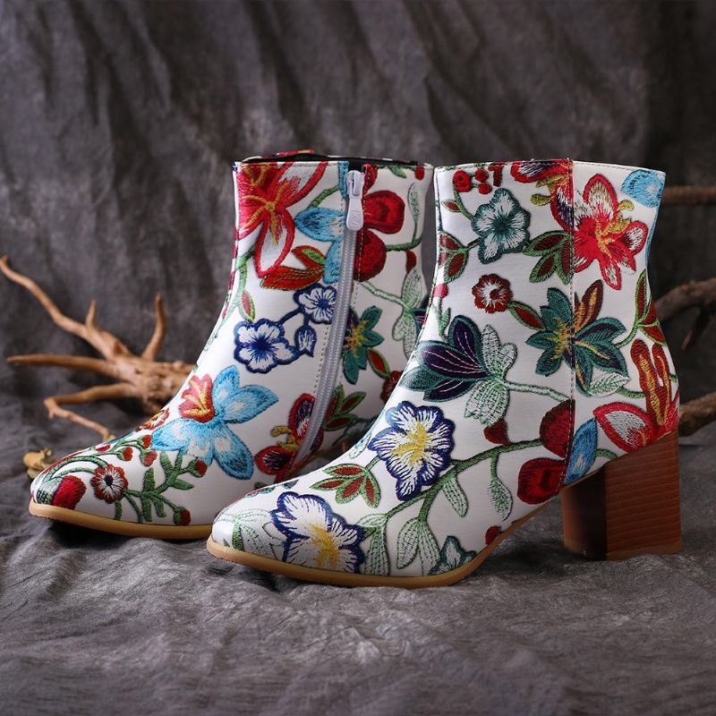 Dame Large Size Blomstertrykt Chunky Heel Ankel Short Boots