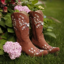 Dame Large Size Retro Blomster Brodert Slip On Cowboy Boots