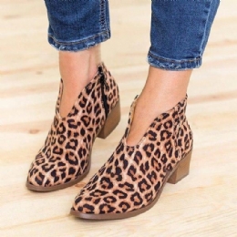 Dame Leopard Grain Chunky Heel Glidelås Ankel Korte Støvletter