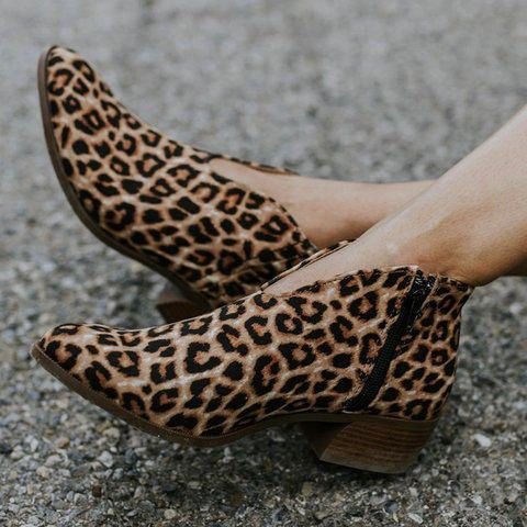 Dame Leopard Grain Chunky Heel Glidelås Ankel Korte Støvletter